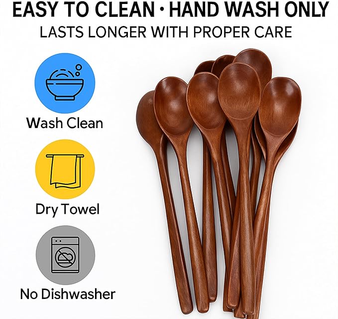 Wooden Spoons for Eating Mixing Stirring, 24 Pieces Long Handle Wooden Spoon, 9 Inch Wood Soup Spoons with Japanese Style Kitchen Utensil