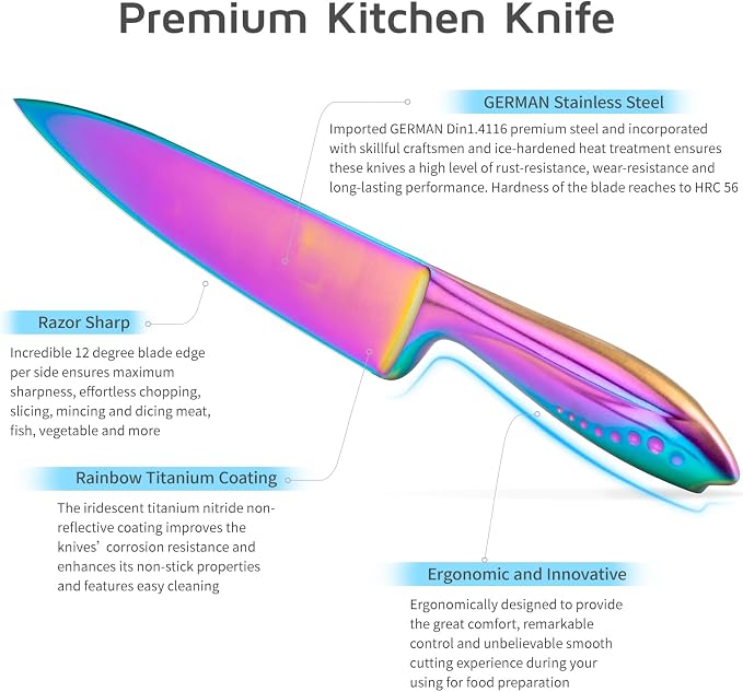 WELLSTAR Rainbow Knife Set - 7-Piece Iridescent German High-Carbon Stainless Steel Kitchen Knives with Universal Knife Block, Colorful Kitchen Cutlery for Cooking and Food Prep