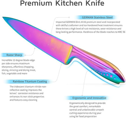 WELLSTAR Rainbow Knife Set - 7-Piece Iridescent German High-Carbon Stainless Steel Kitchen Knives with Universal Knife Block, Colorful Kitchen Cutlery for Cooking and Food Prep