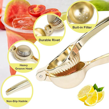Lemon Squeezer, Heavy Duty Zinc Alloy Manual Citrus Juicer Hand Press,High Yield Threaded Groove Small Oranges Limes Juicer, Juice Maker for Cocktails Home Restaurant Kitchen Utensils(Gold)