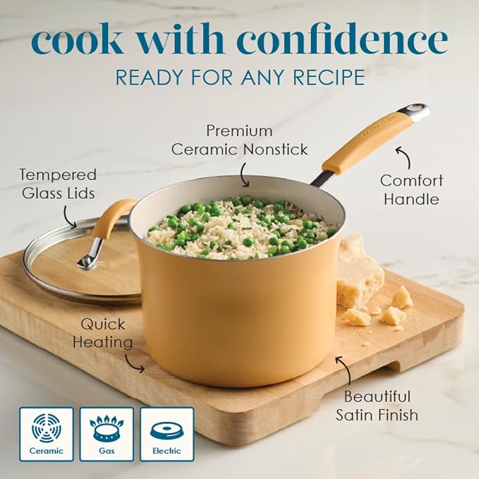 Rachael Ray Cucina Ceramic Nonstick Cookware Pots and Pans Set, 13-Piece, Tumeric Yellow