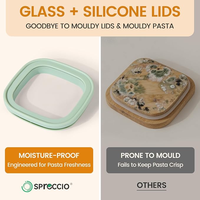 Square Glass Food Storage Jars with Lids Set of 5, Perfect for Pasta, Cookies, Nuts, Coffee, Cereal, Flour,Organize Your Kitchen with these BPA-Free Glass Jars with Lids