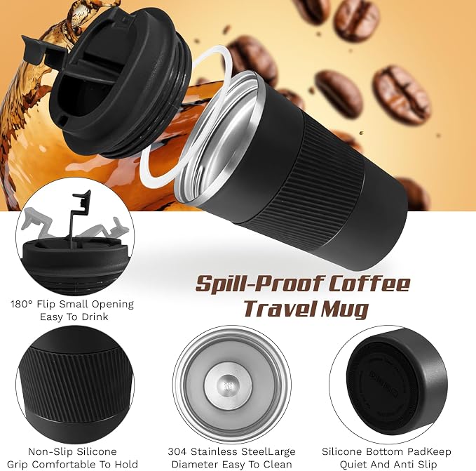 SPLMIFA Vacuum-Insulated Stainless Steel Travel Coffee Mug, Leak-Proof Reusable Coffee Cup with Lid - Keep Hot & Cold Drinks for Hours, Durable Insulated Tumbler for Men & Women(3rd-Black, 17OZ)