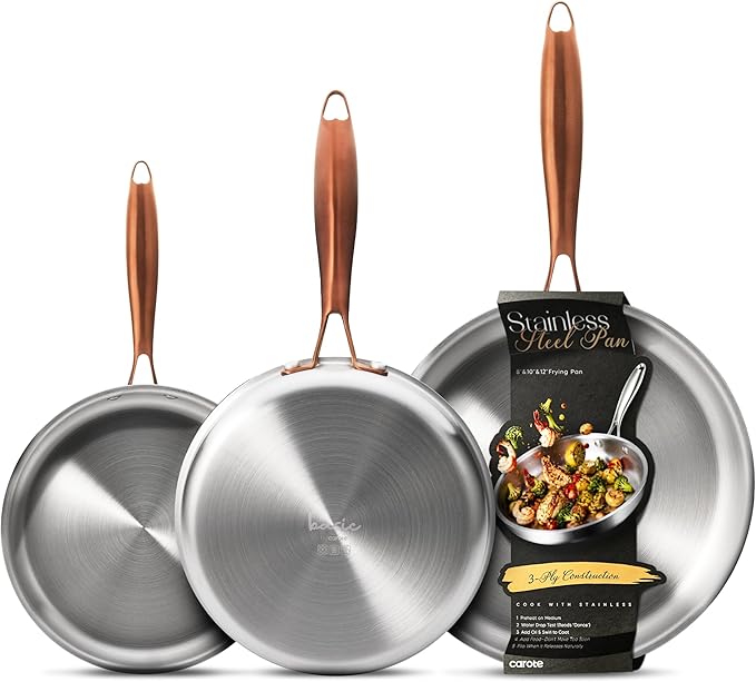 CAROTE 3-Piece Tri-Ply Stainless Steel Frying Pan Set, Skillet Set 8"/10"/12", Induction Compatible, Oven & Dishwasher Safe, Gold Handle, Mothers Day Gifts