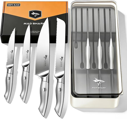 MAD SHARK Knife Set, Kitchen Knife Block Sets 8Pcs, High Carbon Stainless Steel, Ultra Sharp Kitchen Knives Sets, Non-Slip Ergonomic Handle, Includes Drawer Organizer, Gift Ready