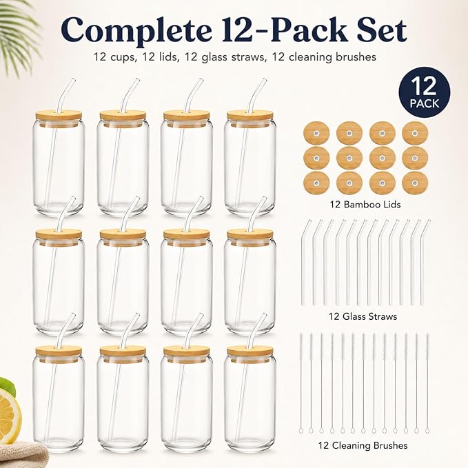 Glass Cups with Lids and Straws Set of 12, 16 oz Can Glasses with Bamboo Lids and Glass Straws, Iced Coffee Cups for Coffee Bar, Cocktails, Summer Parties, Family Gatherings and Housewarming