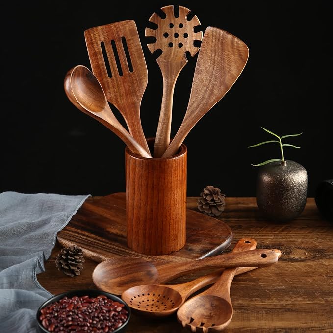 Wooden Kitchen Cooking Utensils, NAYAHOSE 8 Pcs Natural Teak Wooden Spoons Spatulas and Wooden Storage Barrel for Non-stick Pan