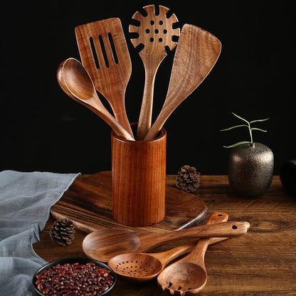 Wooden Kitchen Cooking Utensils, NAYAHOSE 8 Pcs Natural Teak Wooden Spoons Spatulas and Wooden Storage Barrel for Non-stick Pan