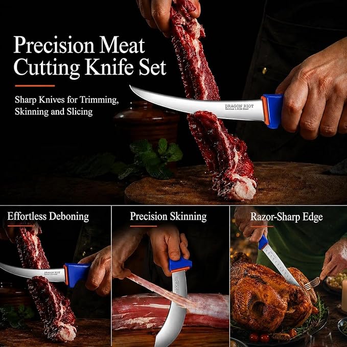 DRAGON RIOT 4 Piece Butcher Knife Set Brisket Trimming Set Include 6" Boning Knife, 6" Skinning Knife, 10" Butcher Breaking Knife and 10" Sharpening Steel