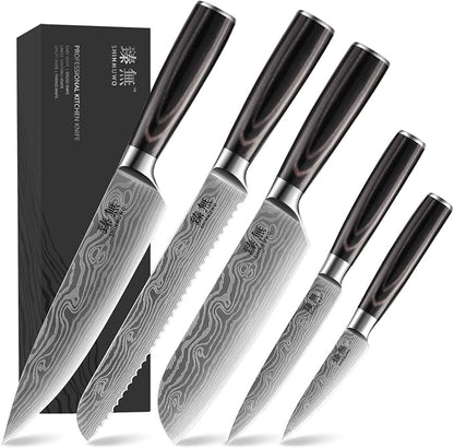5-Piece Kitchen Knife Set, High Carbon Stainless Steel Blades with Wave Pattern, Ergonomic Pakkawood Handle - Includes 8" Chef, 8" Bread, 7" Santoku, 5" Utility & 3.5" Paring Knives