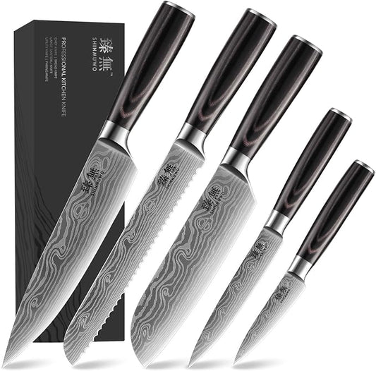 5-Piece Kitchen Knife Set, High Carbon Stainless Steel Blades with Wave Pattern, Ergonomic Pakkawood Handle - Includes 8" Chef, 8" Bread, 7" Santoku, 5" Utility & 3.5" Paring Knives