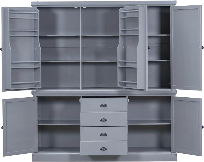 VilroCaz Freestanding Large Kitchen Pantry, Wooden Kitchen Organizers and Storage Cabinet with 4 Drawers, Cupboard, 5 Doors, Adjustable Shelves for Dining Room (Gray-3.15)
