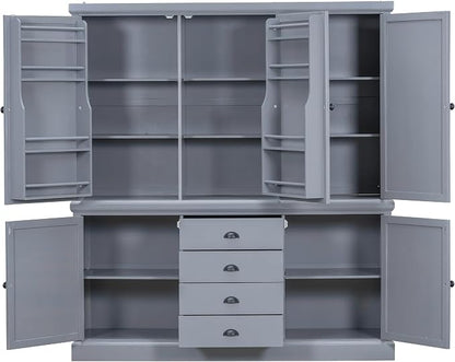 VilroCaz Freestanding Large Kitchen Pantry, Wooden Kitchen Organizers and Storage Cabinet with 4 Drawers, Cupboard, 5 Doors, Adjustable Shelves for Dining Room (Gray-3.15)