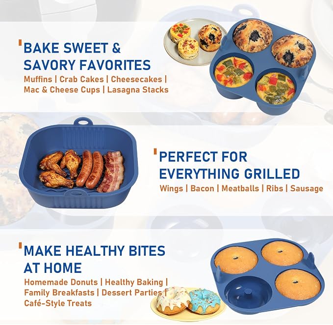 Webake Platinum Silicone Air Fryer Baking Pan Set for Jumbo Muffin, Donut, Nonstick Air Fryer Liners for 5-7 Qt Airfryers, Dishwasher Safe, BPA-Free, 3Pcs