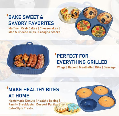 Webake Platinum Silicone Air Fryer Baking Pan Set for Jumbo Muffin, Donut, Nonstick Air Fryer Liners for 5-7 Qt Airfryers, Dishwasher Safe, BPA-Free, 3Pcs
