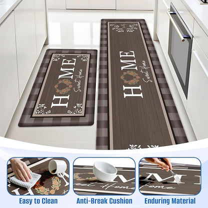 Kitchen Rugs, 2 PCS Kitchen Mats for Floor, Cushioned Non-Slip Anti Fatigue Mats for Kitchen Floor, Kitchen Runner Rugs for Standing Desk, Office, Laundry(17.3’’x 30’’+ 17.3’’x 70’’, Brown