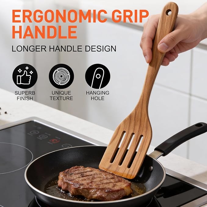 9 Pcs Wooden Spoons for Cooking Utensils with Utensil Holder Teak Wood Kitchen Utensils Set Flat Wooden Spatula Cooking Mixing Spoons Spaghetti Spoon Slotted Turner Scraper Spatula Large Utensils