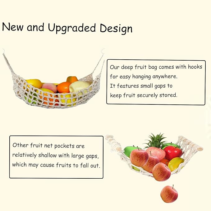 2 Pack Macrame Woven Hanging Fruit Hammock,13×16in Premium Cotton Fruit Basket with 8 Hooks Under Cabinet Hanging Storage Net for Fruit Veggie Kitchen Home Boat RV (Beige)