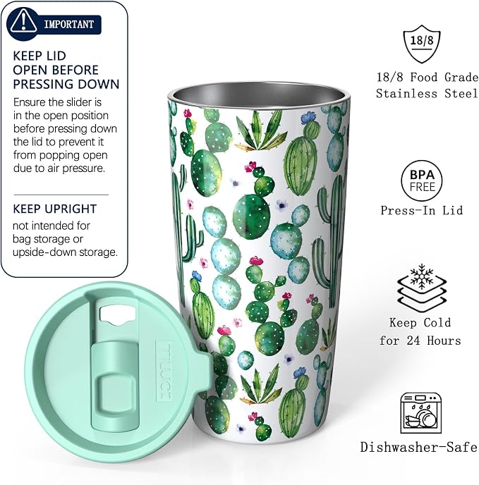 TILUCK 20 oz Insulated Tumbler with BPA-Free Lid, Stainless Steel Vacuum Travel Coffee Mug, Double Wall Coffee Tumbler（20oz，Cactus）