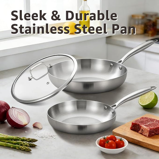 Inqibee 8.5-10 Inch Tri-Ply Stainless Steel Frying Pans with Lid, Small Sauté Pan Set, Skillets, Induction Cooking Pan, Pots and Pans Set Heavy Duty and Oven Safe
