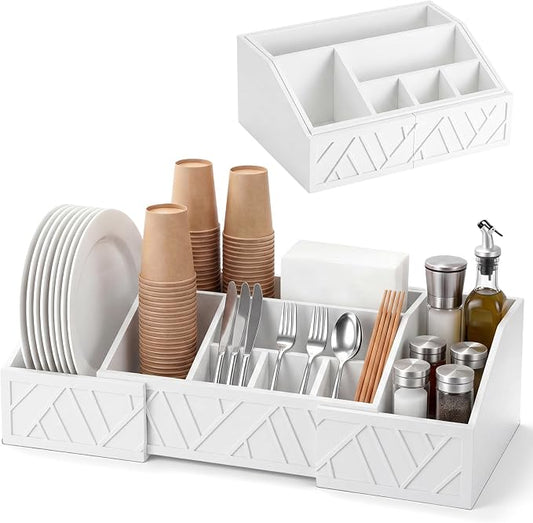 Paper Plate Dispenser Extendable, Paper Plate Holder for Kitchen Counter Wood Silverware Utensil Caddy Cutlery Flatware Organizer Box for Cups Spoons Forks Kitchen Accessories (White)