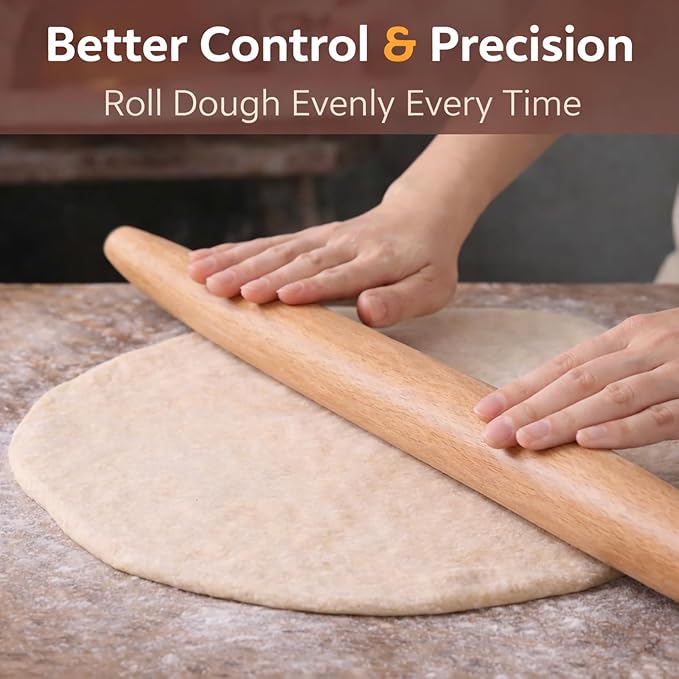 17 Inch French Rolling Pin, Wooden Dough Roller for Baking, Solid Wood Tapered Rolling Pin for Pizza, Pie Crust, Cookies, Pastry, Non-Stick, Easy Control Kitchen Baking Tool, European Beech Wood
