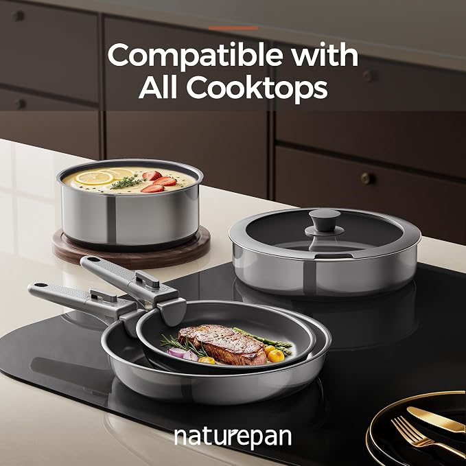 5PCS Pots and Pans Set Non Stick, Diamond-Titanium Ceramic Cookware Set & 3 Layer Stainless Steel with Detachable Handle, Induction Cookware, Non Toxic Oven/Dishwasher Safe, Gray