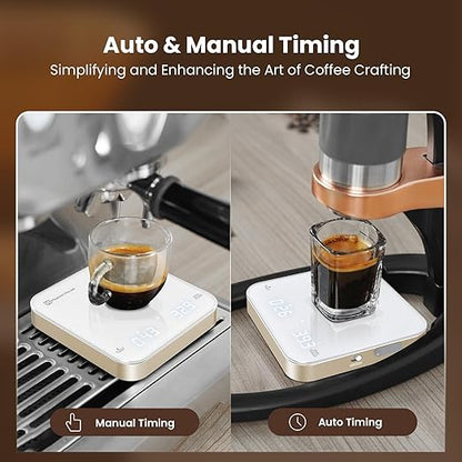 Maestri House S2 Espresso Coffee Scale with Timer, USB-C Rechargeable 2kg/0.1g Precision Shot Scale, Digital Scale for Espresso Brewing(White & Gold)
