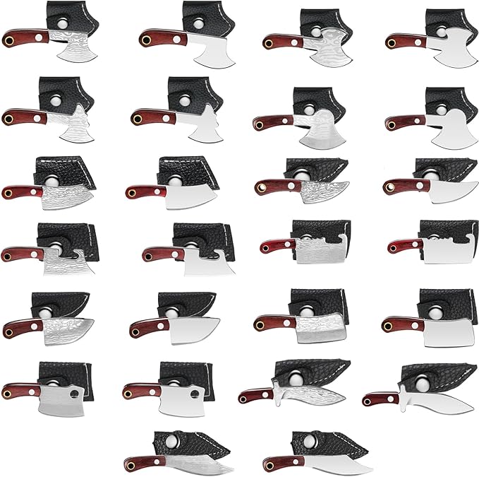 Sureio 26 Pcs Mini Knife Set Damascus Pattern Chef Knife Tiny Pocket Cleaver Keychain Small Stainless Steel Cutters with Sheath for Package Opener, Box Cutter, Letter Opener, Gag Gift for Men