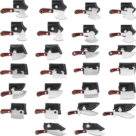 Sureio 26 Pcs Mini Knife Set Damascus Pattern Chef Knife Tiny Pocket Cleaver Keychain Small Stainless Steel Cutters with Sheath for Package Opener, Box Cutter, Letter Opener, Gag Gift for Men