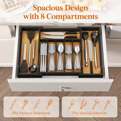 Lifewit Silverware Drawer Organizer, Expandable Utensil Tray for Kitchen, Flatware and Cutlery Holder, Wood Adjustable Storage for Spoons Forks Knives, 13-22x15/ 33-56x38cm, Natural and Black
