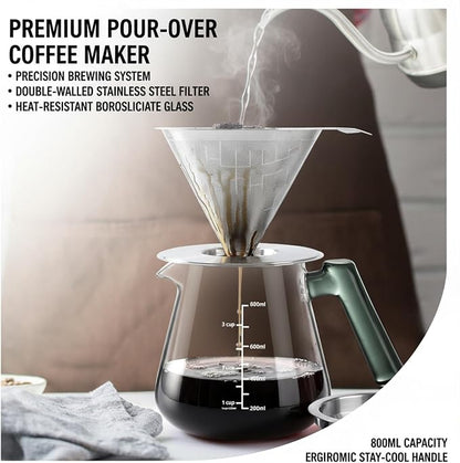 Aquach Pour Over Coffee Maker with Stainless Steel Filter & Borosilicate Glass Carafe - 28oz Drip Coffee Pot for Rich Flavor, Easy Cleanup & Dishwasher Safe Components, Ideal for Daily Use