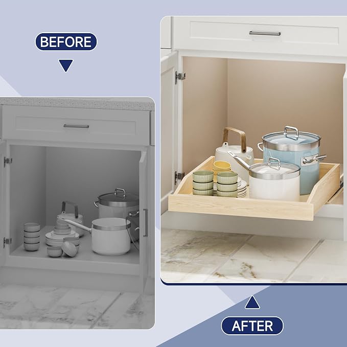 Pull Out Cabinet Organizer 22.5" W x 21" D, Soft Close Slide Out Wood Drawer Shelf for Kitchen Cabinets, Pull Out Cabinet Drawer for Base Cabinet, Pantry and Bathroom Storage, Bottom Mount