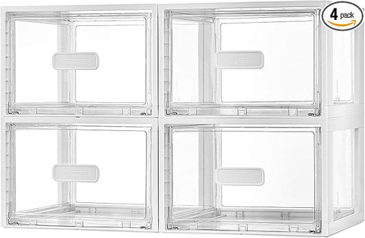 Vtopmart 4 Pack White Stackable Storage Drawers 15QT, Easily Assemble Closet Organizers,Plastic Storage Bins for Bathroom,Cabinet,Kitchen Pantry,Under Sink Organization(Medium)