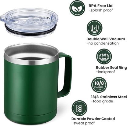 MEWAY 12oz Coffee Mug With Handle and Sliding Lid,Stainless Steel Travel Tumbler Cup with Handle,Double Wall Vacuum Insulated Camping Cup for Hot & Cold Drinks Tea (Forest Green,Set of 1)