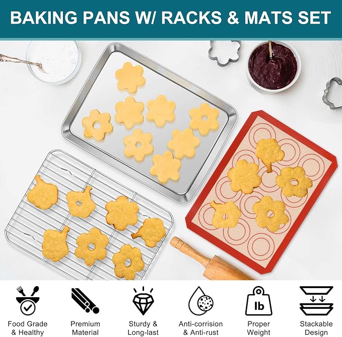 TeamFar Toaster Oven Tray, 10.5inch Stainless Steel Baking Sheet Pans Cookie Sheets for Baking with Cooling Rack & Silicone Baking Mat, 2 Pans + 2 Racks + 2 Silicone Mats, Non Toxic, Easy Clean