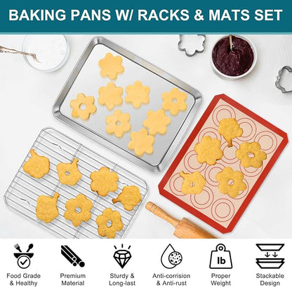 TeamFar Toaster Oven Tray, 10.5inch Stainless Steel Baking Sheet Pans Cookie Sheets for Baking with Cooling Rack & Silicone Baking Mat, 2 Pans + 2 Racks + 2 Silicone Mats, Non Toxic, Easy Clean