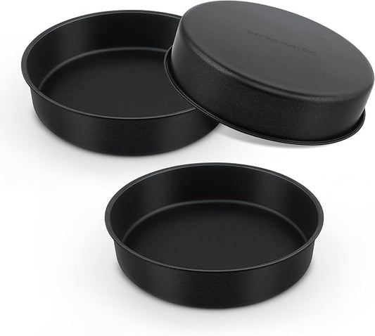 E-far 9.5 Inch Cake Pan Set of 3, Nonstick Round Baking Layer Cake Pans, Stainless Steel Core & Non-Toxic Coating, 2 Inch Deep (Black)