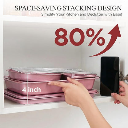 KITESSENSU Baking Pans Sets, Nonstick Bakeware Sets 7-Piece with Round/Square Cake Pan, Loaf Pan, Muffin Pan, Cookie Sheet, Roast Pan, Cooling Rack, Carbon Steel Bake Set Pink