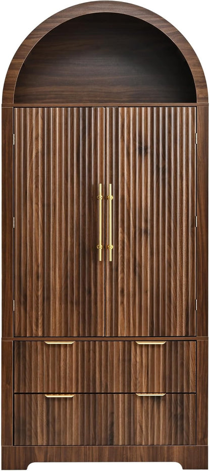 72" Tall Arched Kitchen Pantry Cabinet with 2 Drawers, Mid Century Modern Fluted Storage Cabinet with 8 Adjustable Door Shelves, Wooden Cupboard Organizer for Kitchens, Living Room (Walnut-6.3)