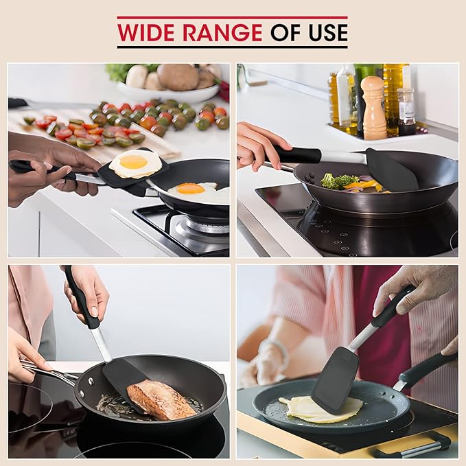 Unicook 4 Pack Flexible Silicone Spatula, Turner, 600F Heat Resistant, Ideal for Flipping Eggs, Burgers, Crepes and More, Black