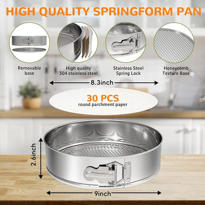 ZeroPone 9 Inch 304 Stainless Steel Springform Pan with Removable Bottom, Nonstick Round Spring Form Cheesecake Pan with 30 Pcs Parchment Paper Liners