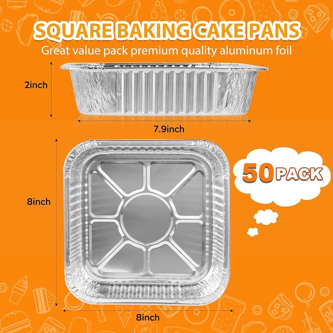 8x8 Foil Pans 50 Pack, Heavy Duty Square Disposable Baking Cake Pans, Disposable Food Containers Great for Baking Pans, Cooking, Heating, Parties Meal Prep, Storing, Breads, Brownies, Meatloaf,Lasagna