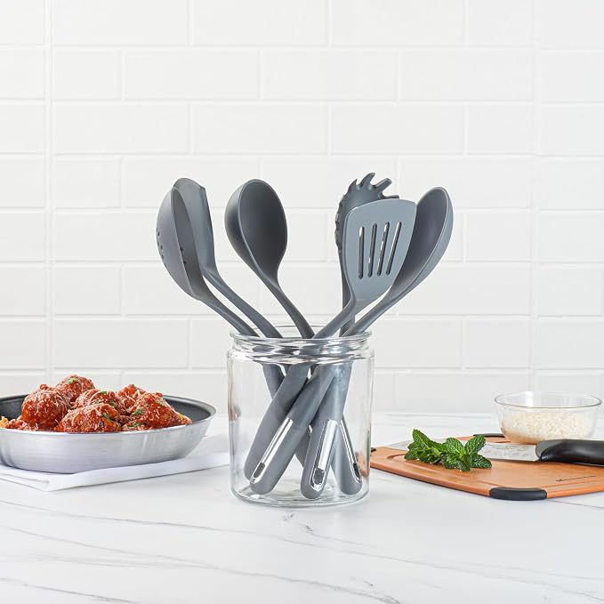 Restaurantware Silicone Utensil Set Pack of 1 Non-Slip Handle 6-Piece Kitchen Tool Set, Heat-Resistant Dishwasher-Friendly Cooking Accessories, Durable Gray Cooking Utensils
