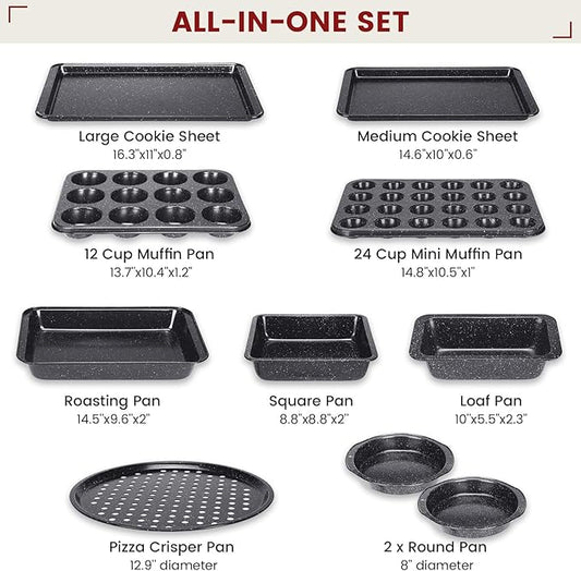 Terlulu 10-Piece Baking Pans Set, Bakeware Sets Nonstick, Baking Set for Oven Cooking, Stackable Carbon Steel Set Include Cookie Sheets, Muffin Pan, Cake Pan, Pizza Pan, Loaf Pan, Roasting Pan, Black