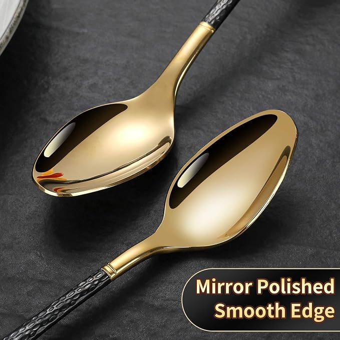 Lemeya Hammered Black Gold Silverware Set,30 Piece Modern Flatware Set Service for 6,Mirror Polished Stainless Steel Cutlery Set Utensil Set,Kitchen Knives Forks Spoons Set,Dishwasher Safe