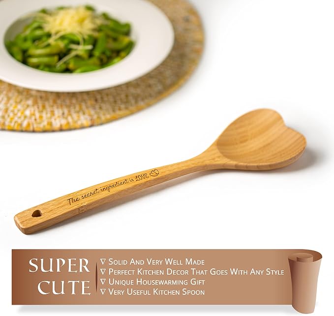 Gorgeous Heart shaped Bamboo Wooden Spoon with an engraved handle and heart-shaped base hole for hanging - 'The secret ingredient is Love' | The perfect addition to a kitchen filled with love and joy!