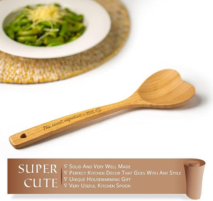Gorgeous Heart shaped Bamboo Wooden Spoon with an engraved handle and heart-shaped base hole for hanging - 'The secret ingredient is Love' | The perfect addition to a kitchen filled with love and joy!