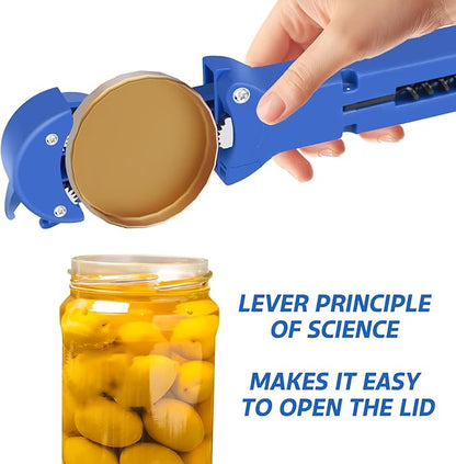 Jar Opener for Seniors with Arthritis, 7 in 1 Bottle Opener and Wine Corkscrew, Easy Grip Kitchen Gadget for Weak Hands Elderly, Retractable Jaw Lid Opener with Magnetic Storage (Blue)
