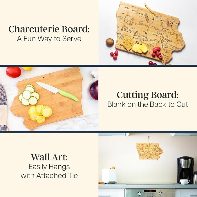 Totally Bamboo Destination Iowa Shaped Cutting Board – Bamboo Charcuterie and Serving Board with Hang Tie for Wall Display